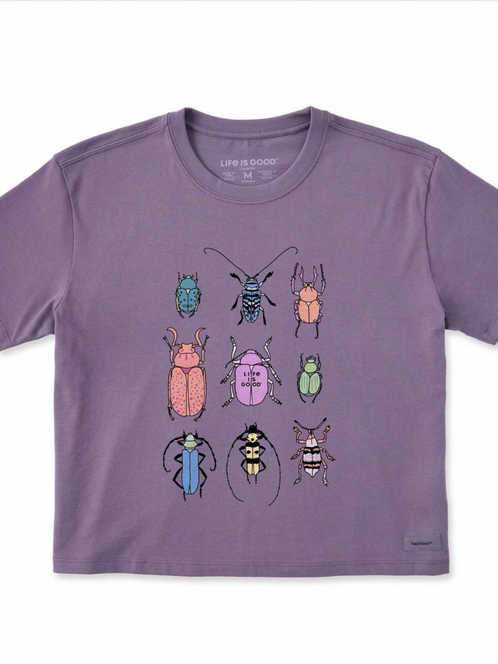 Life Is Good Purple Boxy Tshirt with Multicolor Beetles and Bugs Graphics - Picture 11 of 11
